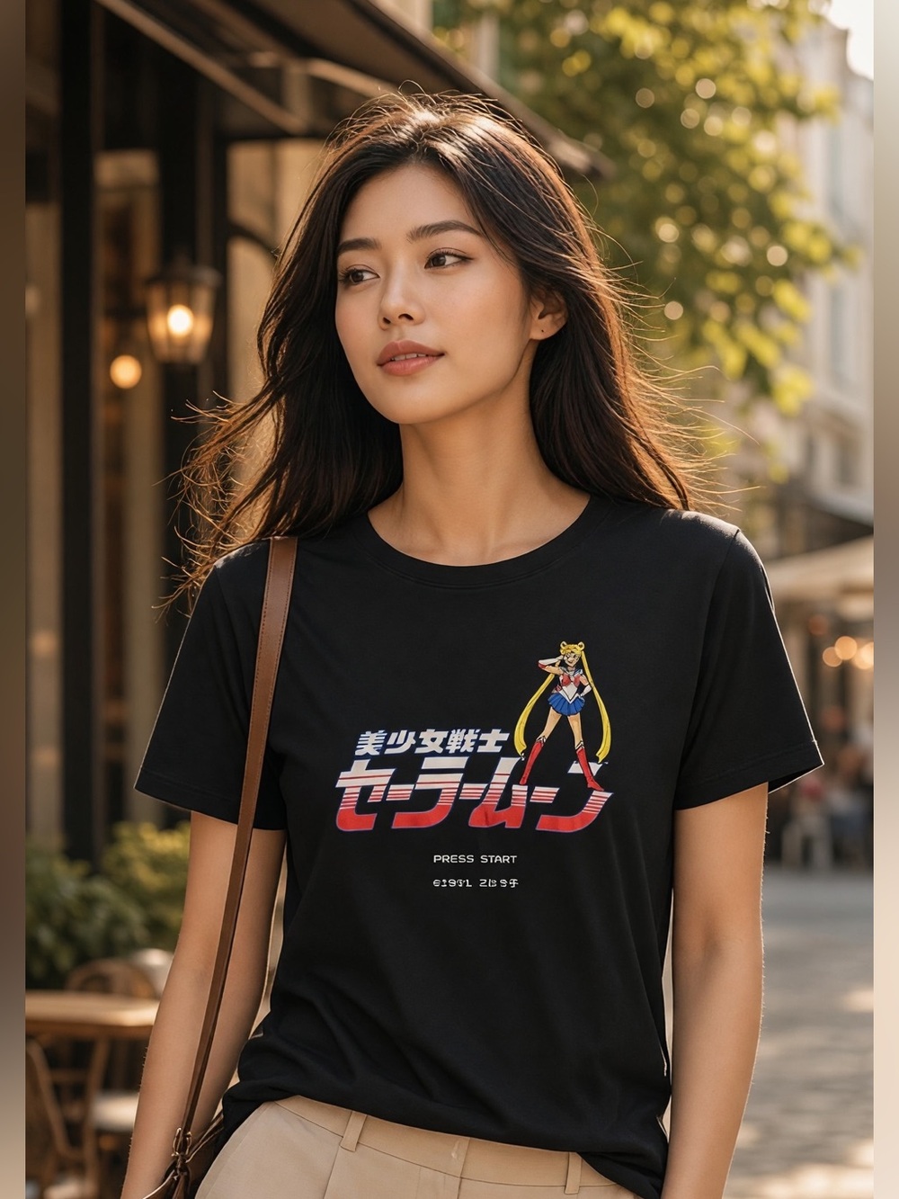 Sailor Moon Press Start Graphic T-Shirt Medium Black Anime Vintage Style Graphic